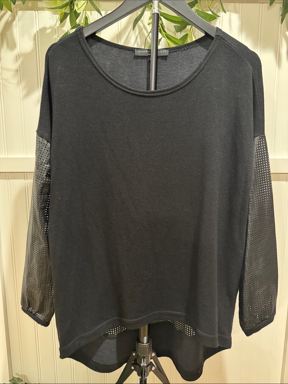 #517 GENERATION LOVE Black Faux Leather Cut-Out Sleeves Top